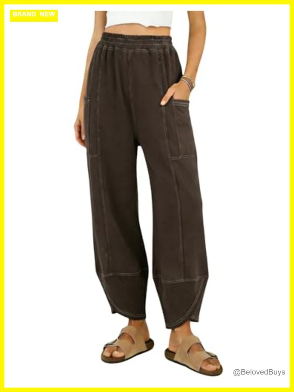 Women Elastic High Waist Wide Leg Cropped Sweatpants Pull On Cotton Blend